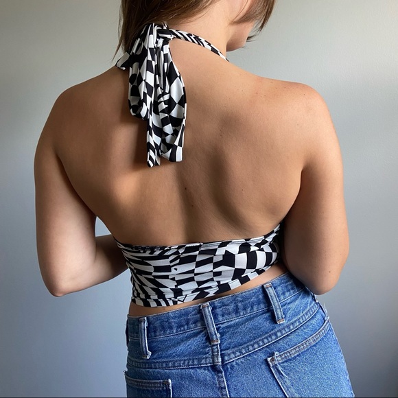 Black & White Checkered Persaya Tie Crop Top (S) - Picture 2 of 3